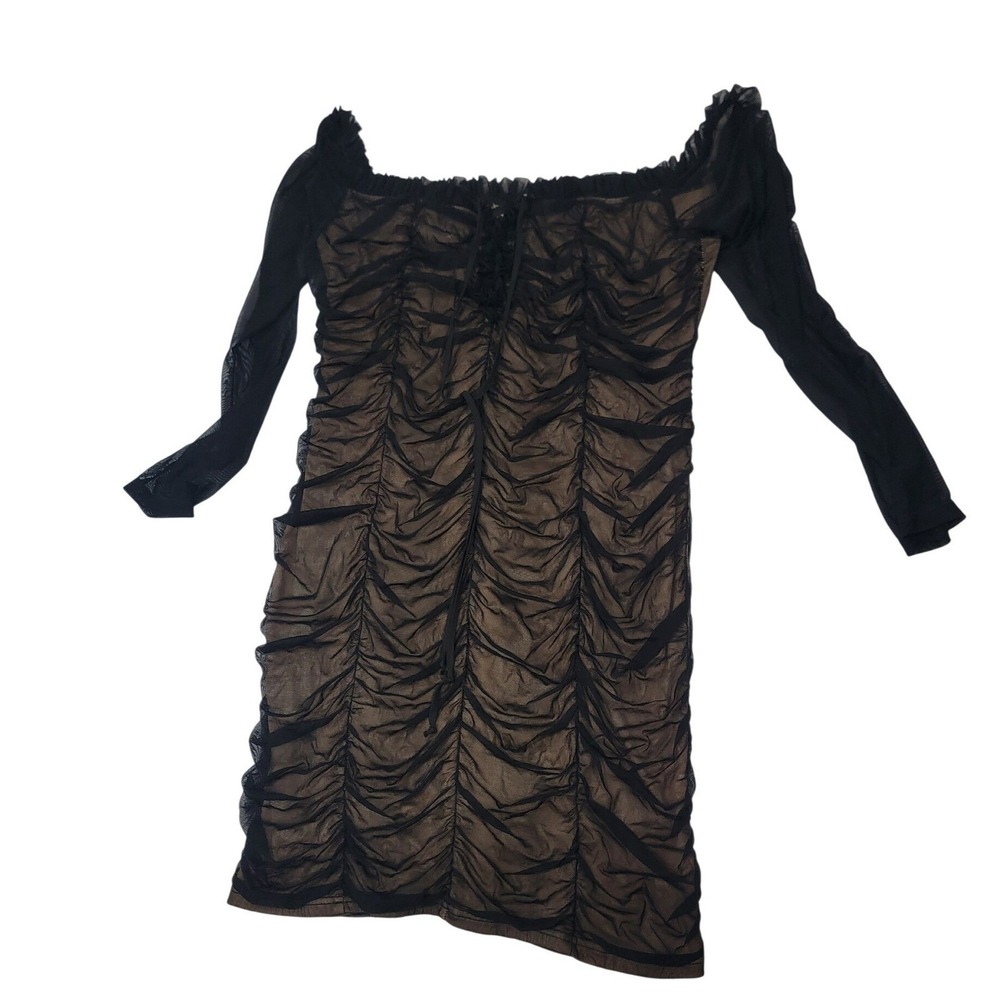 Fashion Nova Womens 1X Black Nude Mesh Ruched Off Shoulder Mini Dress Bodycon‎ - Picture 2 of 3